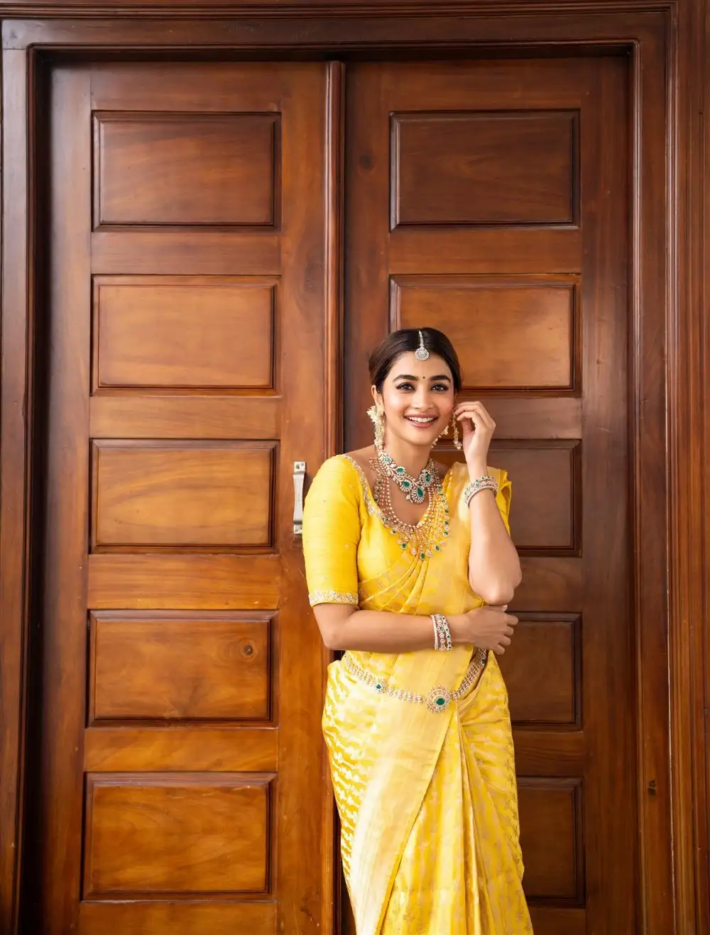 Telugu Actress Pooja Hegde in Yellow Silk Saree
